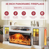 oneinmil 36 Inch 3-Sided Glass Fireplace TV Stand for TVs up to 80", Rustic Media Entertainment Center Console Table with Glass Door Closed Storage, Set of TV Table, White