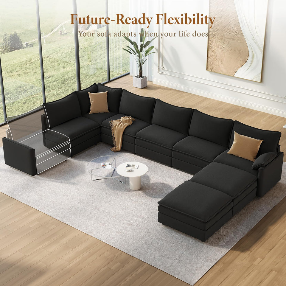 Vesgantti 142" U Shaped Sectional Couch, Comfy Cloud Modular Sectional Sofa with 2 Ottoman Deep Seat Chenille Modern Cloud Sofa, Modular Sofas for Living Room, Bedroom and Apartment, Beige