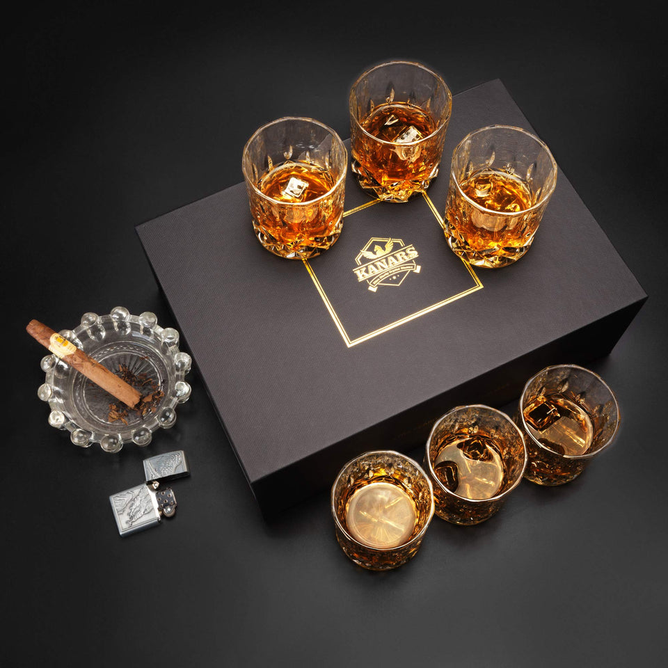 KANARS Old Fashioned Whiskey Glasses with Luxury Box - 10 Oz Rocks Barware For Scotch, Bourbon, Liquor and Cocktail Drinks - Set of 4 - Men Gift