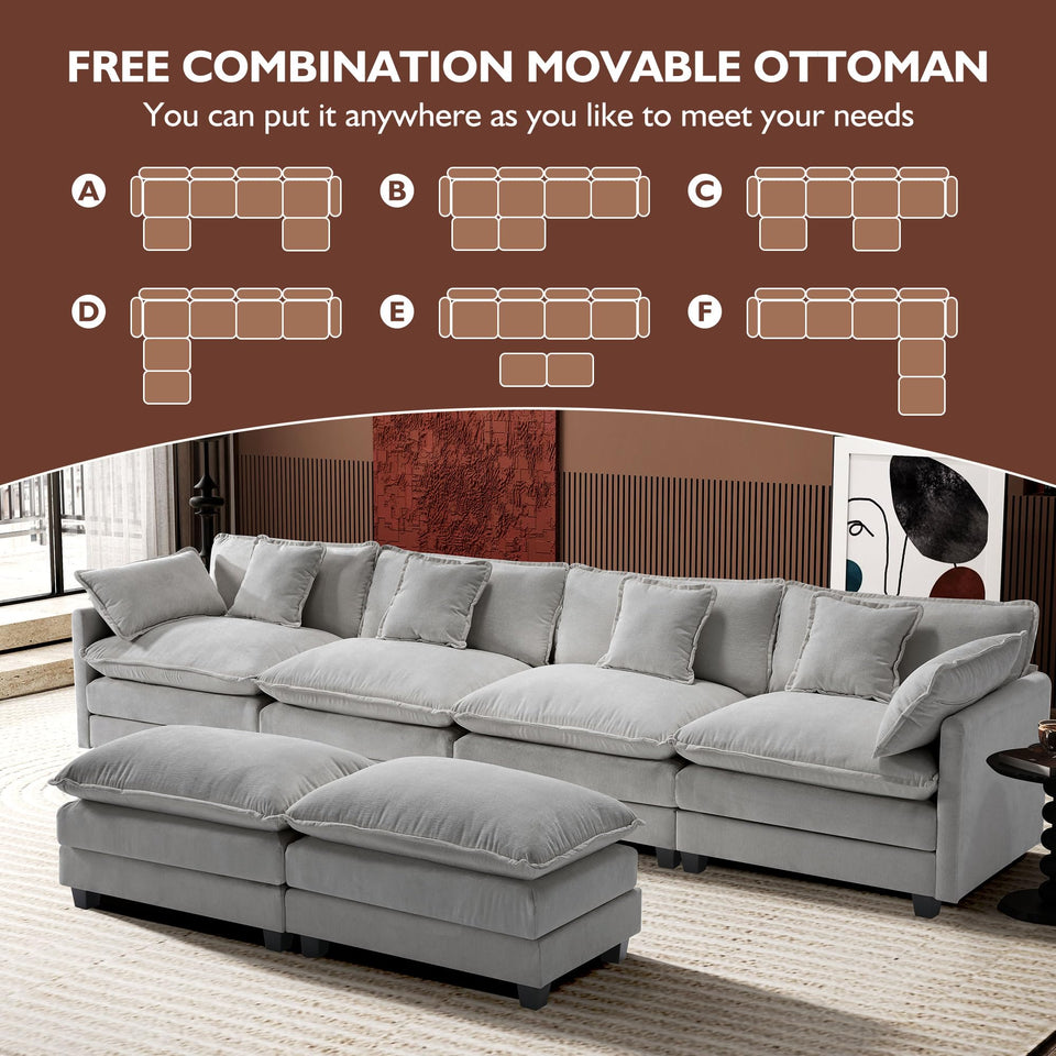 Ihanherry 146" U-Shaped Modern Sofa Modular Sectional Cloud Couch with 2 Ottoman, 6-Seat Chenille Deep Seat Sofa with 6 Pillows for Living Room, Bedroom and Apartment, Grey