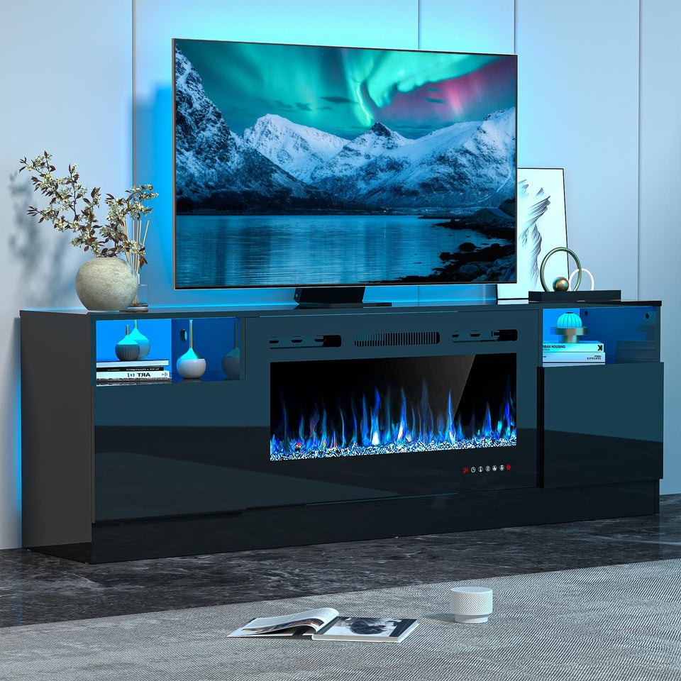 OUTGUAVA Fireplace TV Stand for 80 Inch TV, TV Stand with 36" Fireplace, LED Light Entertainment Center with Storage Cabinets, Media TV Console TV Table for Living Room, Black