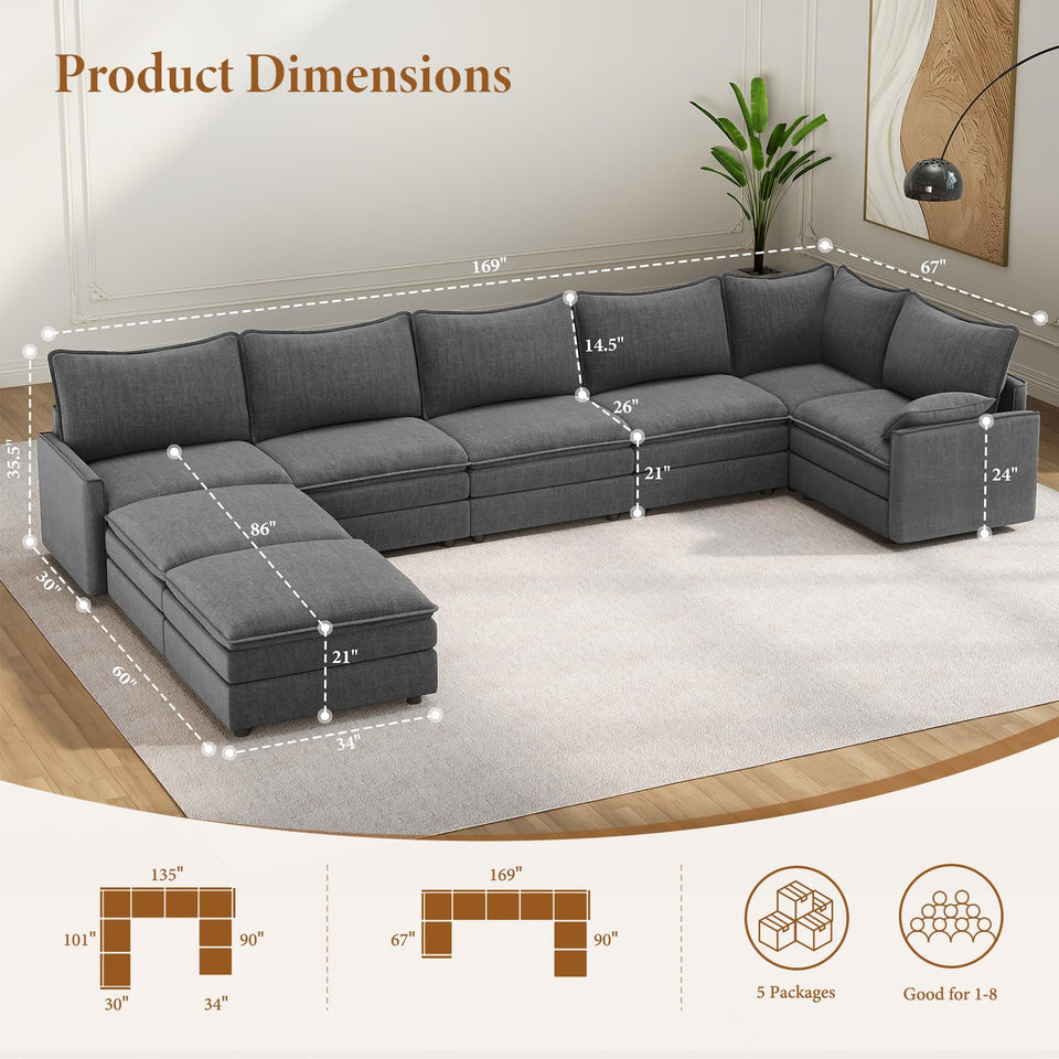 Vesgantti 142" U Shaped Sectional Couch, Comfy Cloud Modular Sectional Sofa with 2 Ottoman Deep Seat Chenille Modern Cloud Sofa, Modular Sofas for Living Room, Bedroom and Apartment, Beige
