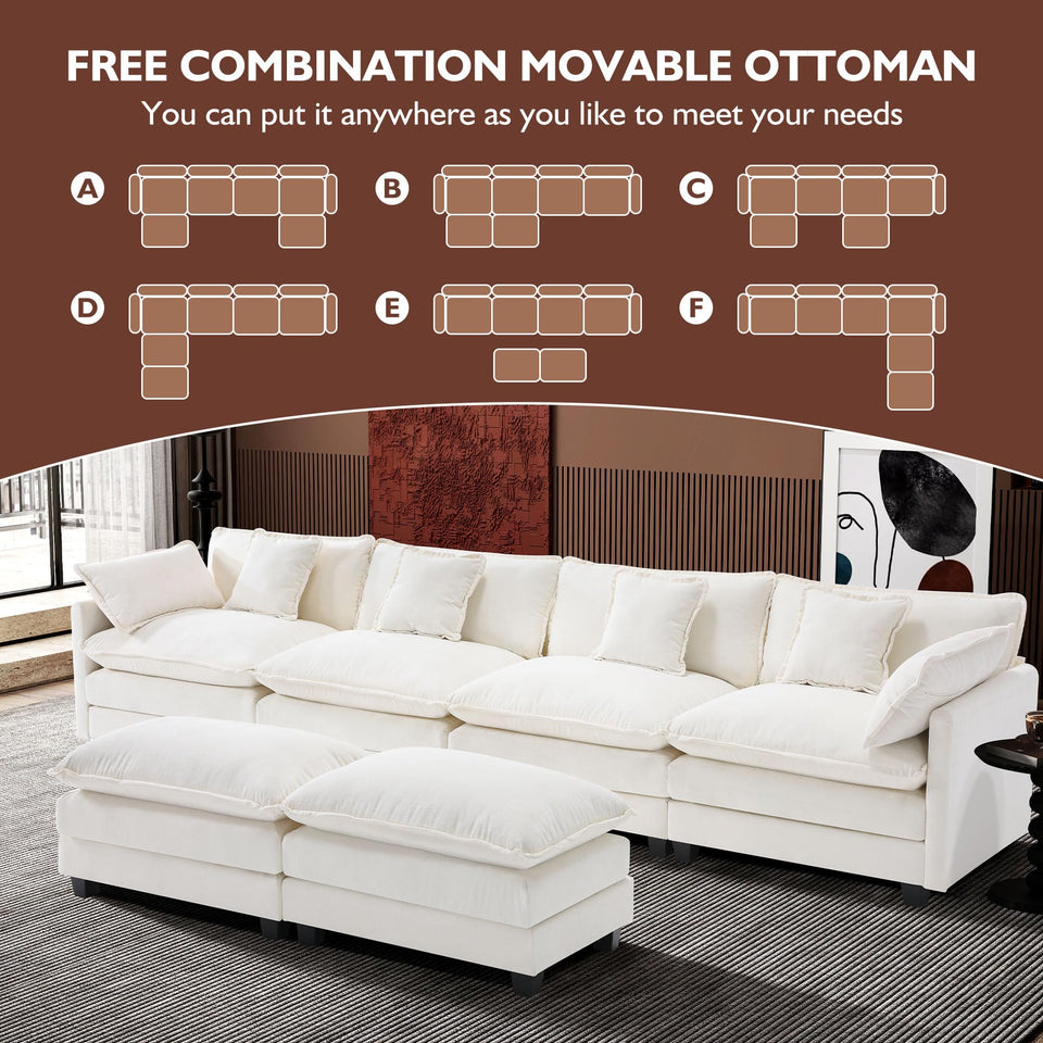 Ihanherry 146" U-Shaped Modern Sofa Modular Sectional Cloud Couch with 2 Ottoman, 6-Seat Chenille Deep Seat Sofa with 6 Pillows for Living Room, Bedroom and Apartment, Grey