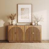 BELLEZE 65 Inch Fluted Buffet Cabinet with Storage, Symmetrical Arc Accent Sideboard Large Console Table for Dining Room, Kitchen, and Living Room (Caramel Brown)