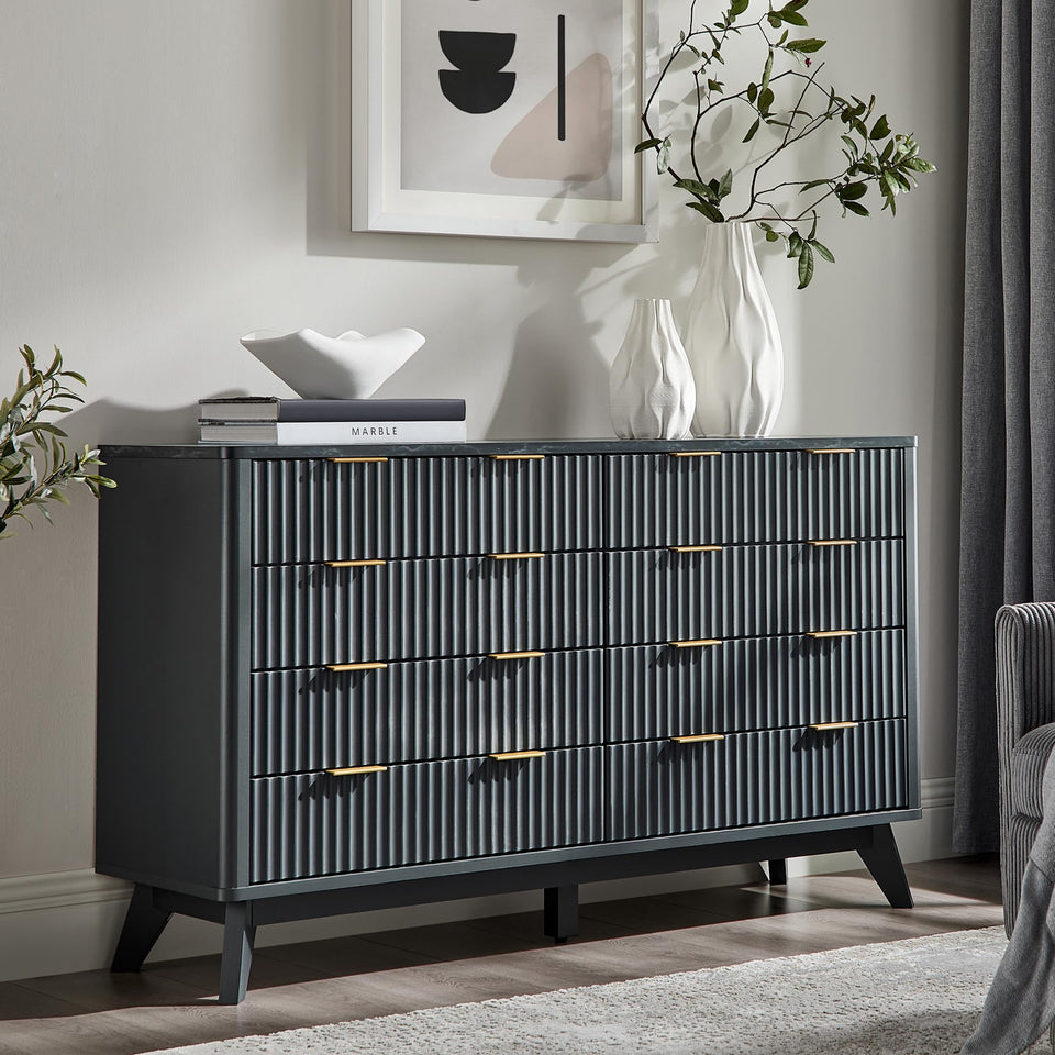 T4TREAM Fluted 7 Drawers Dresser, 54" Wide Modern Chest of Drawers with Faux Marble Top, Curved Profile Design, Dresser TV Stand, Wood Drawer Organizer for Bedroom, Living Room, Hallway, Natural Oak