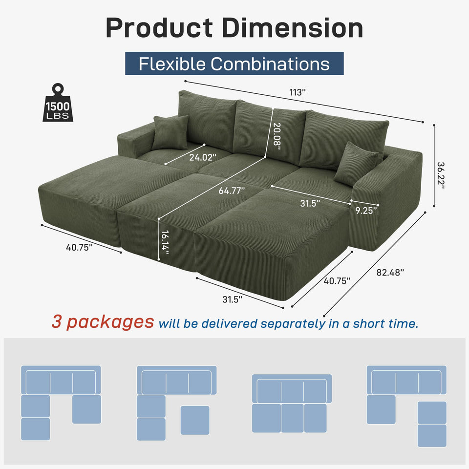 Sectional Cloud Boneless Sofa Couches for Living Room-113'' Beige 3 Seater U-Shaped Modern Lounge Couch-No Assembly Modular Corduroy Convertible Sponge Sleeper Sofas with Chaise for Home House