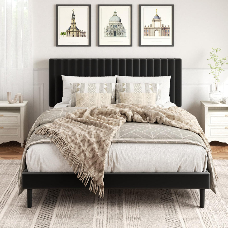 HAOARA King Size Bed Frame,King Size Platform Bed Frame and Velvet Upholstered Headboard with Strong Wood Slats, Box Spring Optional, Mattress Foundation, Easy Assembly Beige