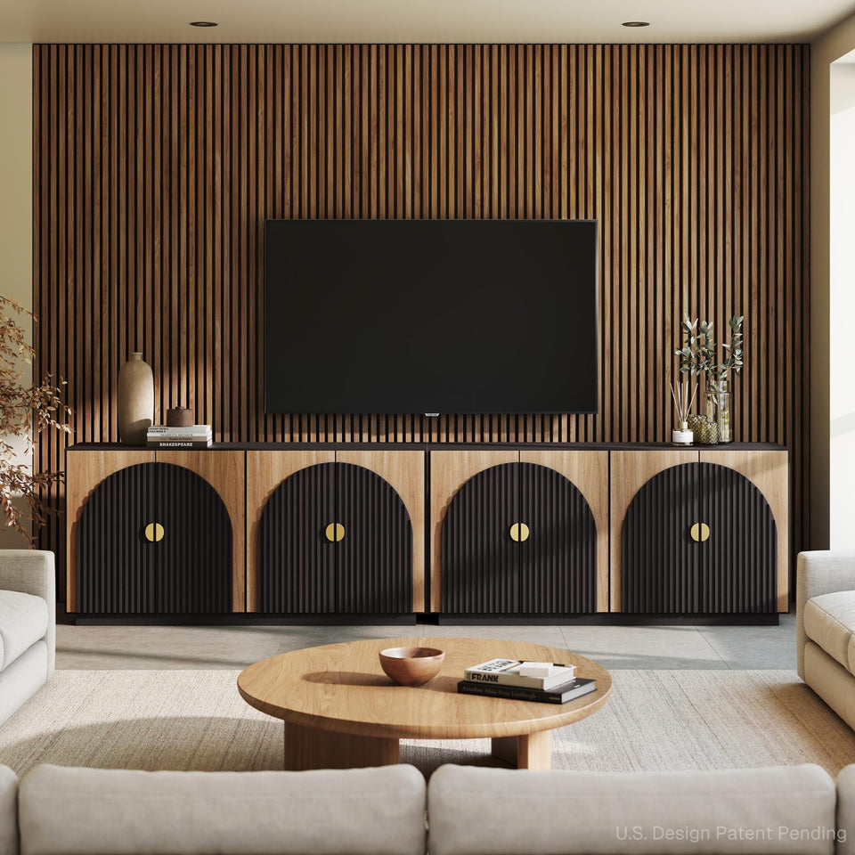 BELLEZE 65 Inch Fluted Buffet Cabinet with Storage, Symmetrical Arc Accent Sideboard Large Console Table for Dining Room, Kitchen, and Living Room (Caramel Brown)