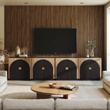 BELLEZE 65 Inch Fluted Buffet Cabinet with Storage, Symmetrical Arc Accent Sideboard Large Console Table for Dining Room, Kitchen, and Living Room (Caramel Brown)