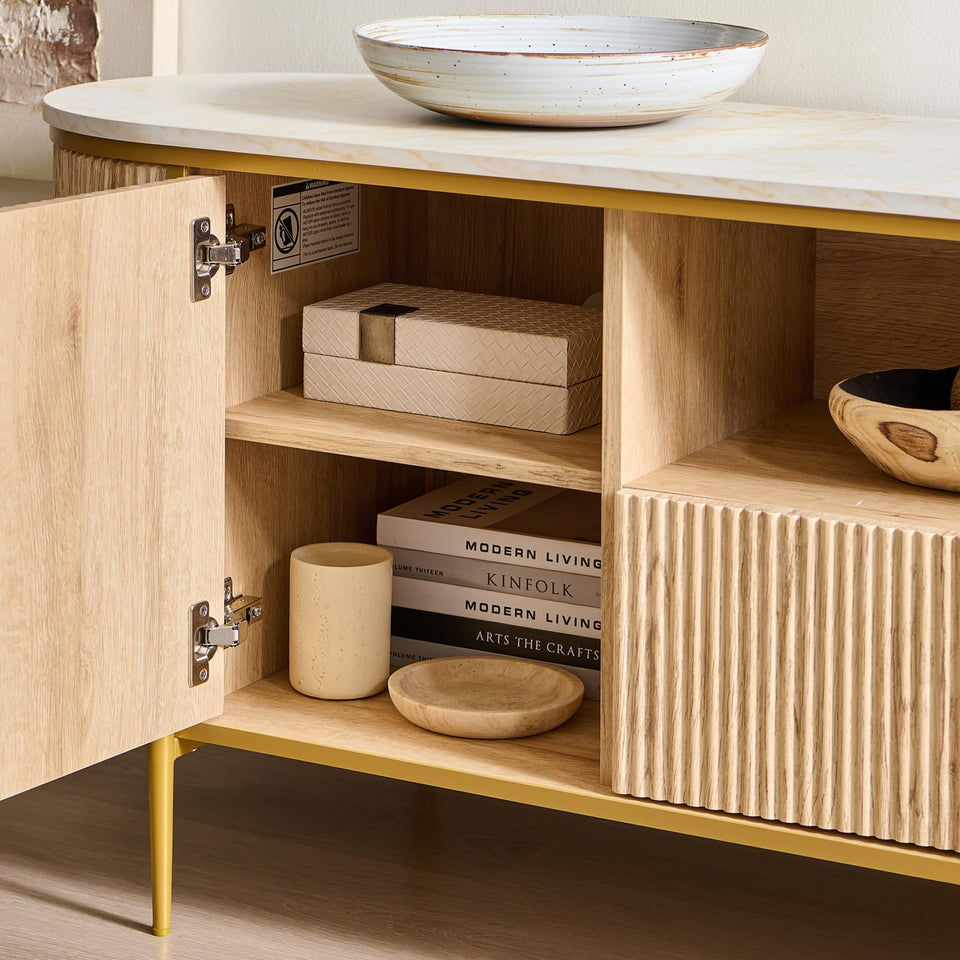 OKD Luxury 70" Fluted TV Stand, Modern Chic Entertainment Center for TVs Up to 80 inches, TV Console with Faux Marble Top, Curved Profile Design, Media Console for Living Room, Natural Oak