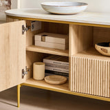 OKD Luxury 70" Fluted TV Stand, Modern Chic Entertainment Center for TVs Up to 80 inches, TV Console with Faux Marble Top, Curved Profile Design, Media Console for Living Room, Natural Oak