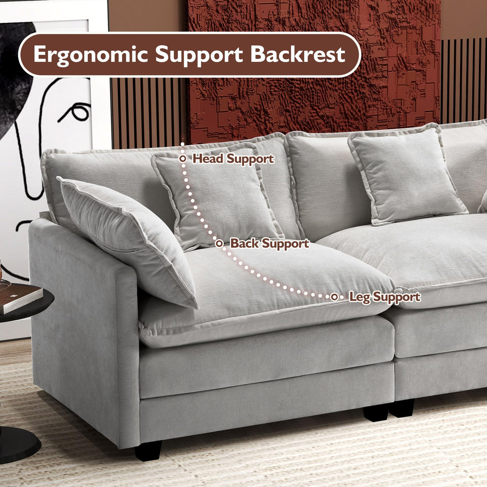 Ihanherry 146" U-Shaped Modern Sofa Modular Sectional Cloud Couch with 2 Ottoman, 6-Seat Chenille Deep Seat Sofa with 6 Pillows for Living Room, Bedroom and Apartment, Grey