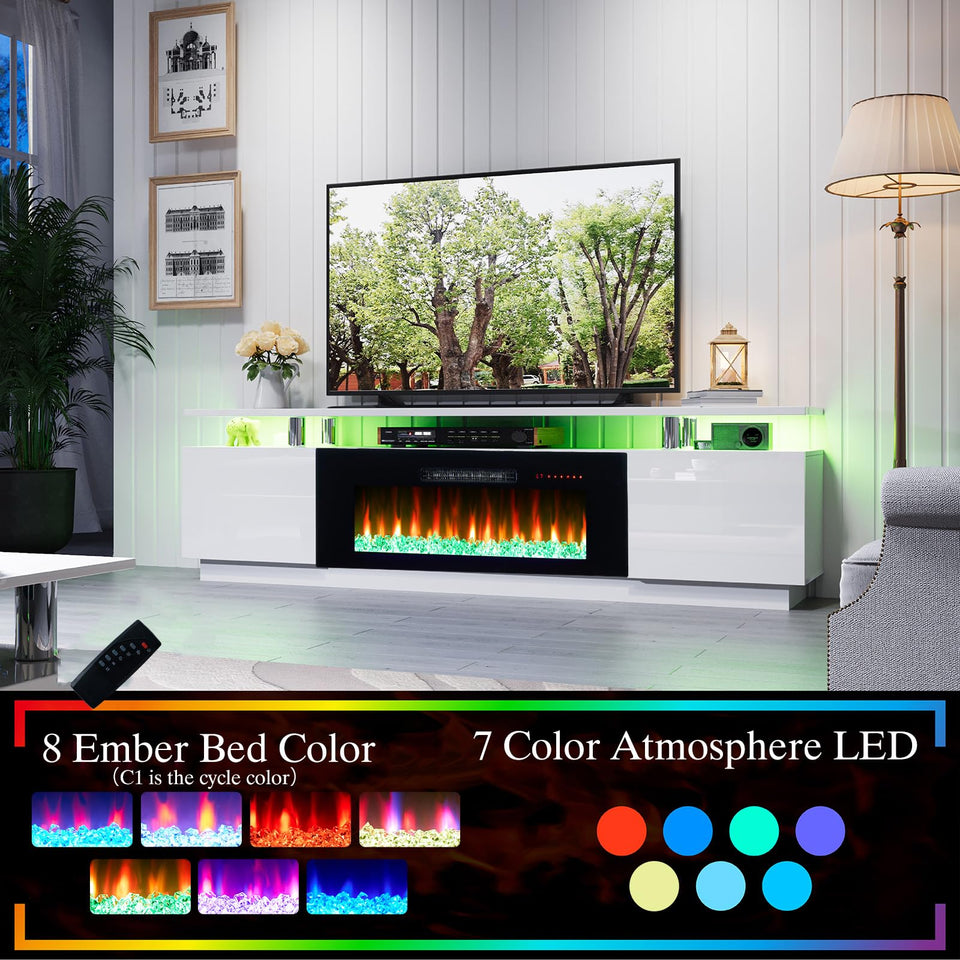 AMERLIFE Fireplace TV Stand with 36" Fireplace, 70" Modern High Gloss Fireplace Entertainment Center LED Lights, 2 Tier TV Console Cabinet for TVs Up to 80", Obsidian Black