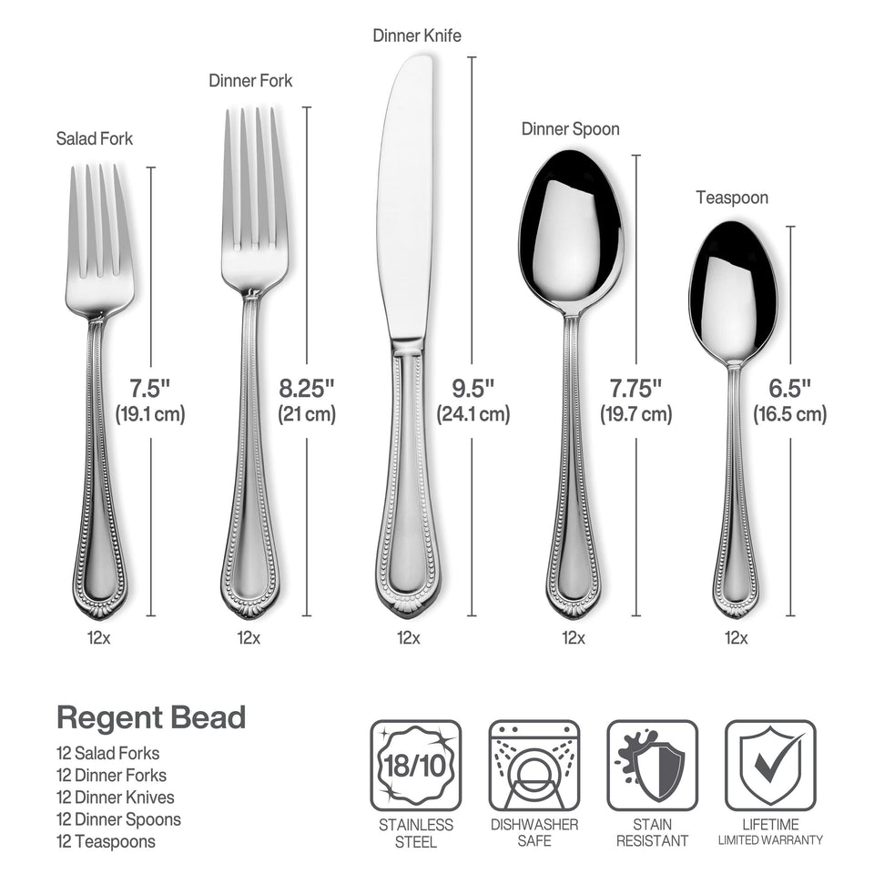 Mikasa Regent Bead 65-Piece Flatware Set for 12, 18/10 Stainless Steel Silverware with Full Service and Serving Utensils, Classic Beaded Edge Design