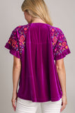 Umgee Full Size Velvet Embroidery Short Sleeve Blouse