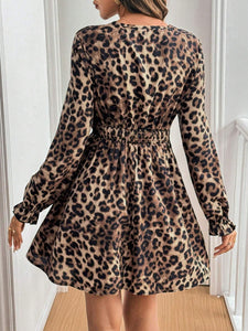 Lace Detail Leopard Flounce Sleeve Mini Dress