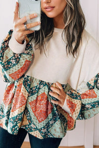 Printed Round Neck Long Sleeve Blouse