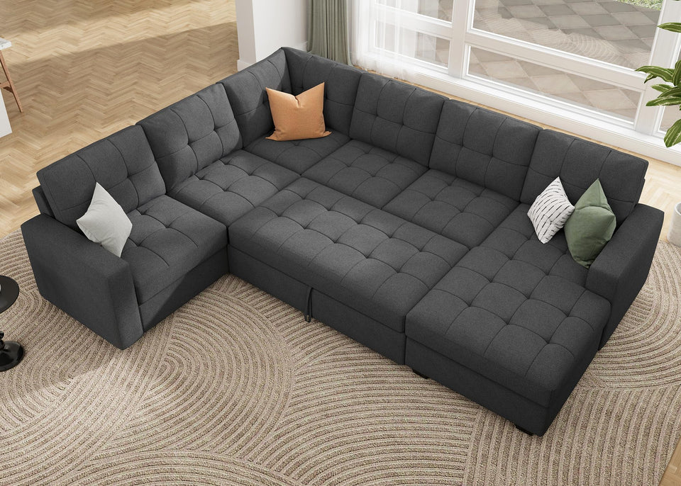 HONBAY Sectional Sleeper Sofa Pull Out Bed with Storage Chaise, Sectional Sofa Couch, Sleeper Couch Bed for Living Room, Dark Grey