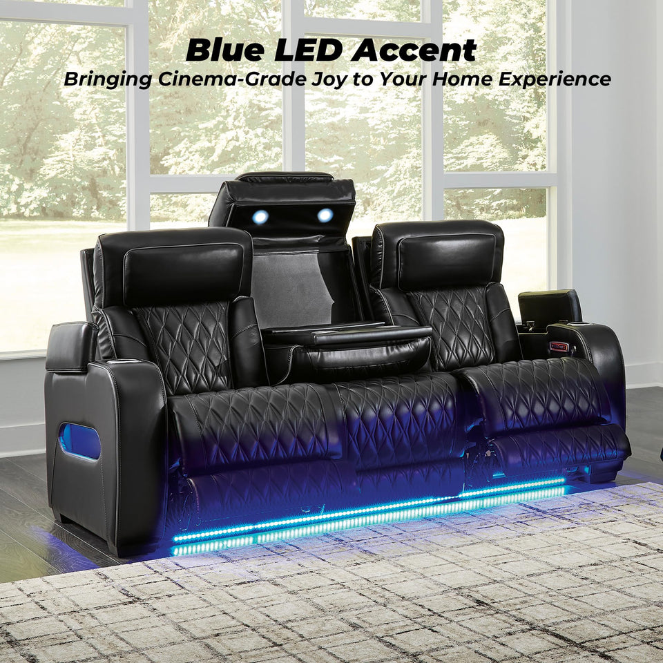 Signature Design by Ashley Boyington Contemporary Leather Match Power Reclining Sofa with USB Charging Ports, LED Lights and Adjustable Headrest, Light Gray