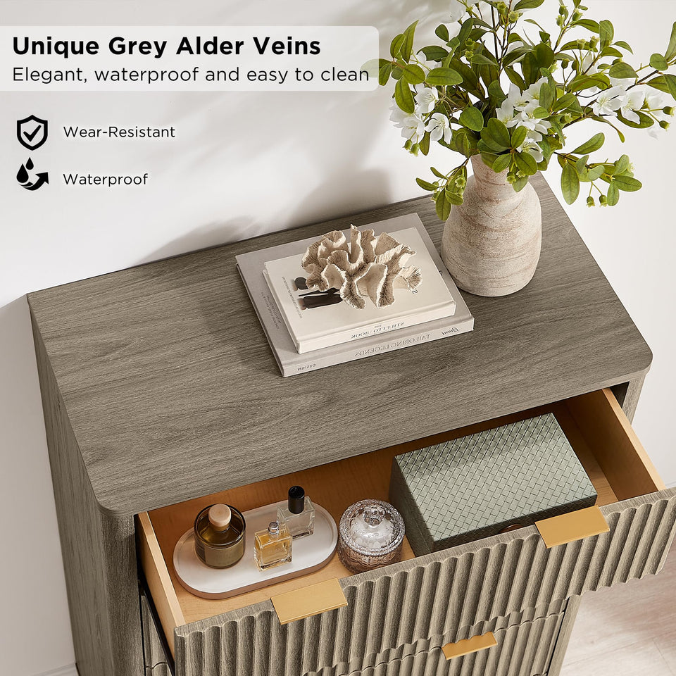 T4TREAM Fluted 7 Drawers Dresser, 54" Wide Modern Chest of Drawers with Faux Marble Top, Curved Profile Design, Dresser TV Stand, Wood Drawer Organizer for Bedroom, Living Room, Hallway, Natural Oak