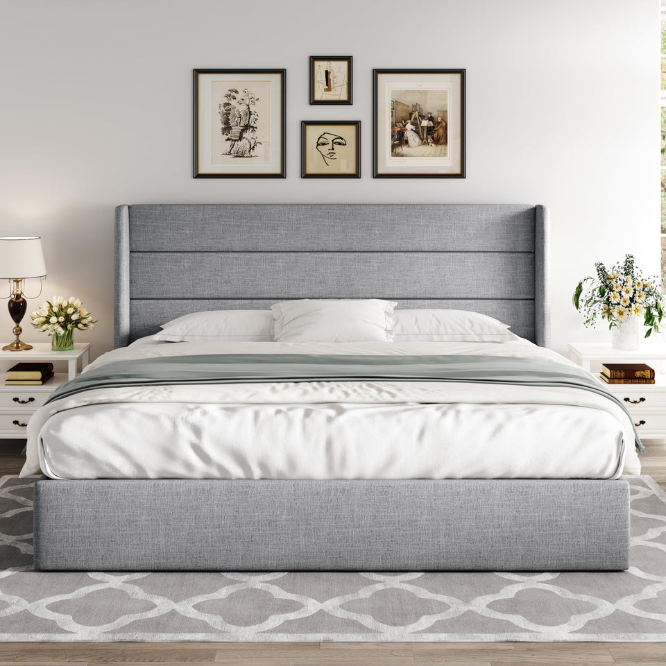 Allewie King Size Lift Up Storage Bed, Modern Wingback Headboard, Hydraulic Support, No Box Spring Needed, Light Beige