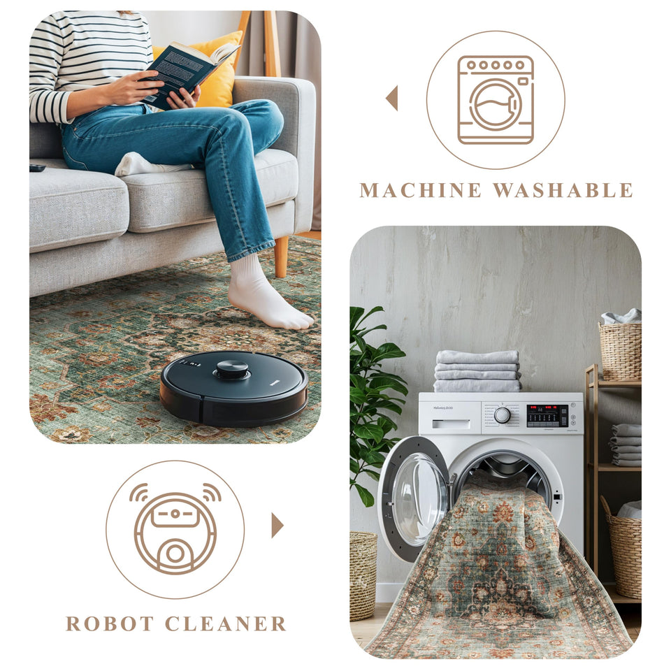 TOPRUUG Washable Oriental Area Rug - 12x15 Rugs for Living Room Soft Carpet for Bedroom Waterproof Floral Distressed Indoor Stain Resistant Non-Shedding Floor Carpets (Green, 12x15)