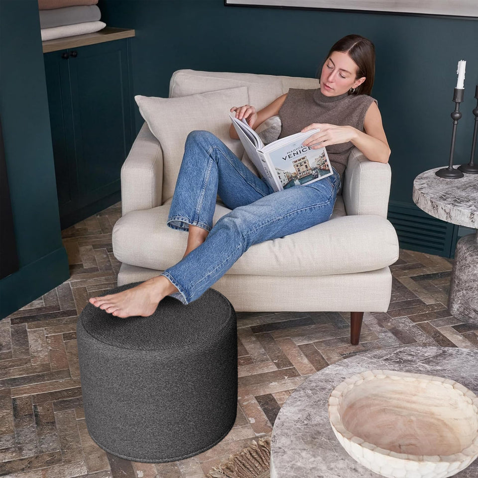 ZICOTO Beautiful Boucle Pouf Ottoman and Foot Rest - Elevate Your Living Room Decor with Lightweight Comfort and Charm - A Round Modern Foam Filled Foot Stool Perfect to Rest Your Feet