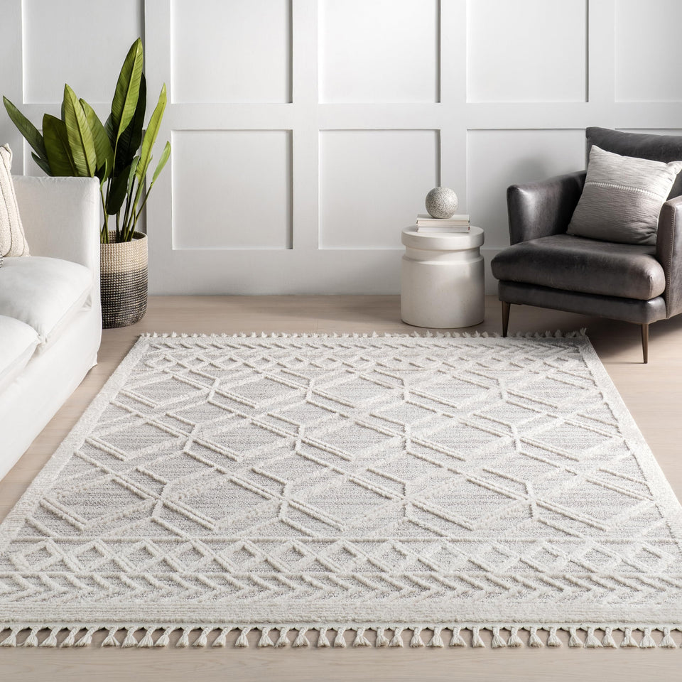 nuLOOM 8x11 Ansley Moroccan Tassel Area Rug, Light Grey, High-Low Textured Bohemian Design, Plush High Pile, Stain Resistant, For Bedroom, Living Room, Hallway, Entryway