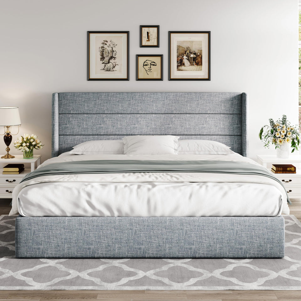 Allewie King Size Lift Up Storage Bed, Modern Wingback Headboard, Hydraulic Support, No Box Spring Needed, Light Beige
