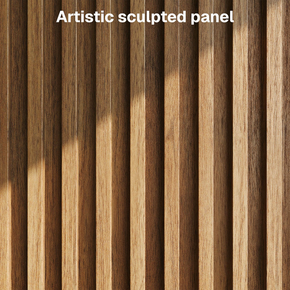 BELLEZE 65 Inch Fluted Buffet Cabinet with Storage, Symmetrical Arc Accent Sideboard Large Console Table for Dining Room, Kitchen, and Living Room (Caramel Brown)