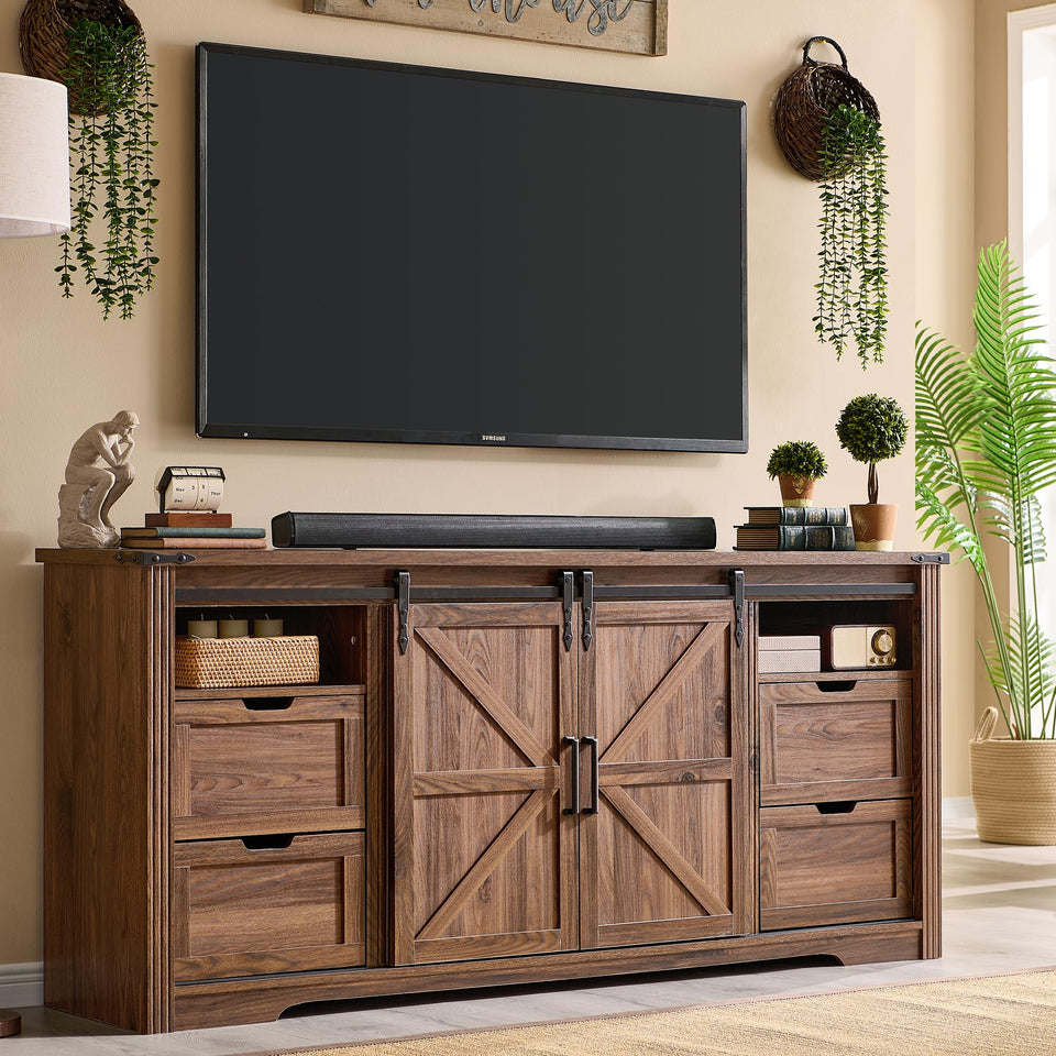 JXQTLINGMU Farmhouse TV Stand for 75+ Inch TV, 32" Tall Entertainment Center w/4 Drawers & Sliding Barn Door, Rustic Media Console w/Storage Shelves, 66" Wood Television Stand for Living Room, Brown