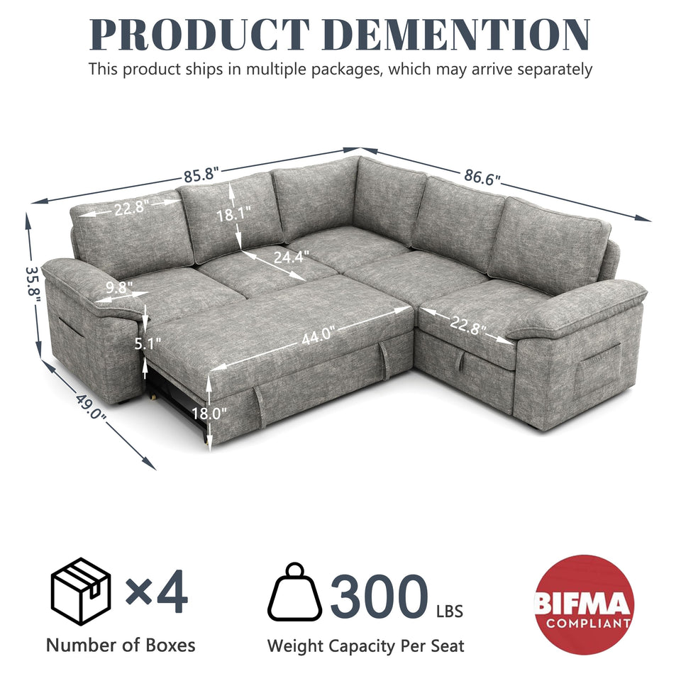 SUAWY 108 Inch Sectional Sleeper Sofa with Pull Out Bed,U Shaped 7 Seat Modular Sectional Sofa with Storage,Sectional Couches for Living Room,Cloud Modular Couch,Removable Sofa Cover,Dark Grey