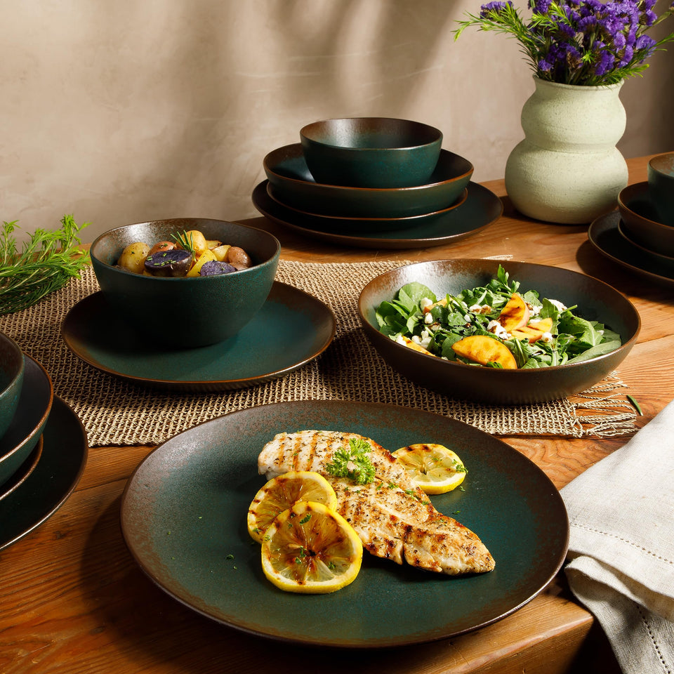 Bloomhouse Santorini Mist Double Bowl Terracotta Reactive Glaze Plates and Bowls Dinnerware Set - Amber, Service for Four (16pcs)