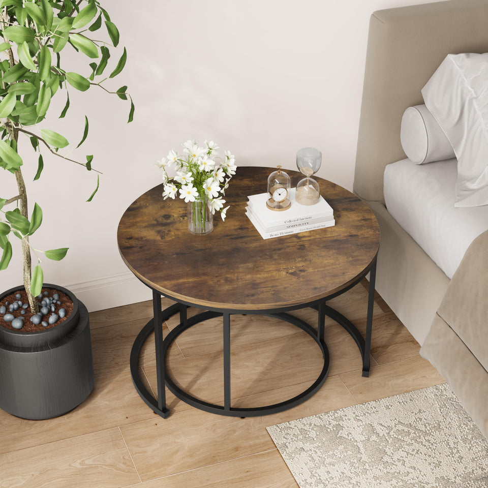 Smuxee Nesting Coffee Table Set of 2, 23.6" Round Coffee Table Wood Grain Top with Adjustable Non-Slip Feet, Industrial End Table Side Tables for Living Room Bedroom Balcony Yard