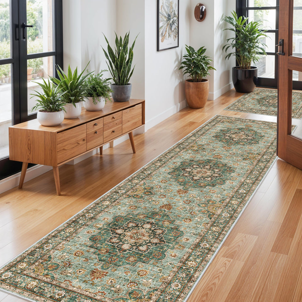 TOPRUUG Washable Oriental Area Rug - 12x15 Rugs for Living Room Soft Carpet for Bedroom Waterproof Floral Distressed Indoor Stain Resistant Non-Shedding Floor Carpets (Green, 12x15)