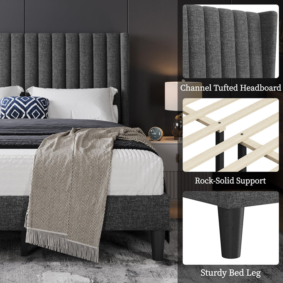 Yaheetech King Bed Frame Upholstered Platform Bed with Fabric Headboard, Wing Edge Design/Non-Slip and Noise-Free/Wooden Slats Support/No Box Spring Needed/Easy Assembly, Ivory King Bed