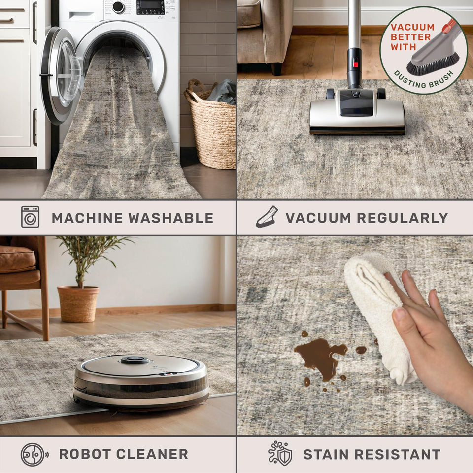 Neutral Living Room Rug - 10x14 Farmhouse Beige Brown Large Area Rug for Dining Room, Bedroom, Low Pile Lightweight Washable