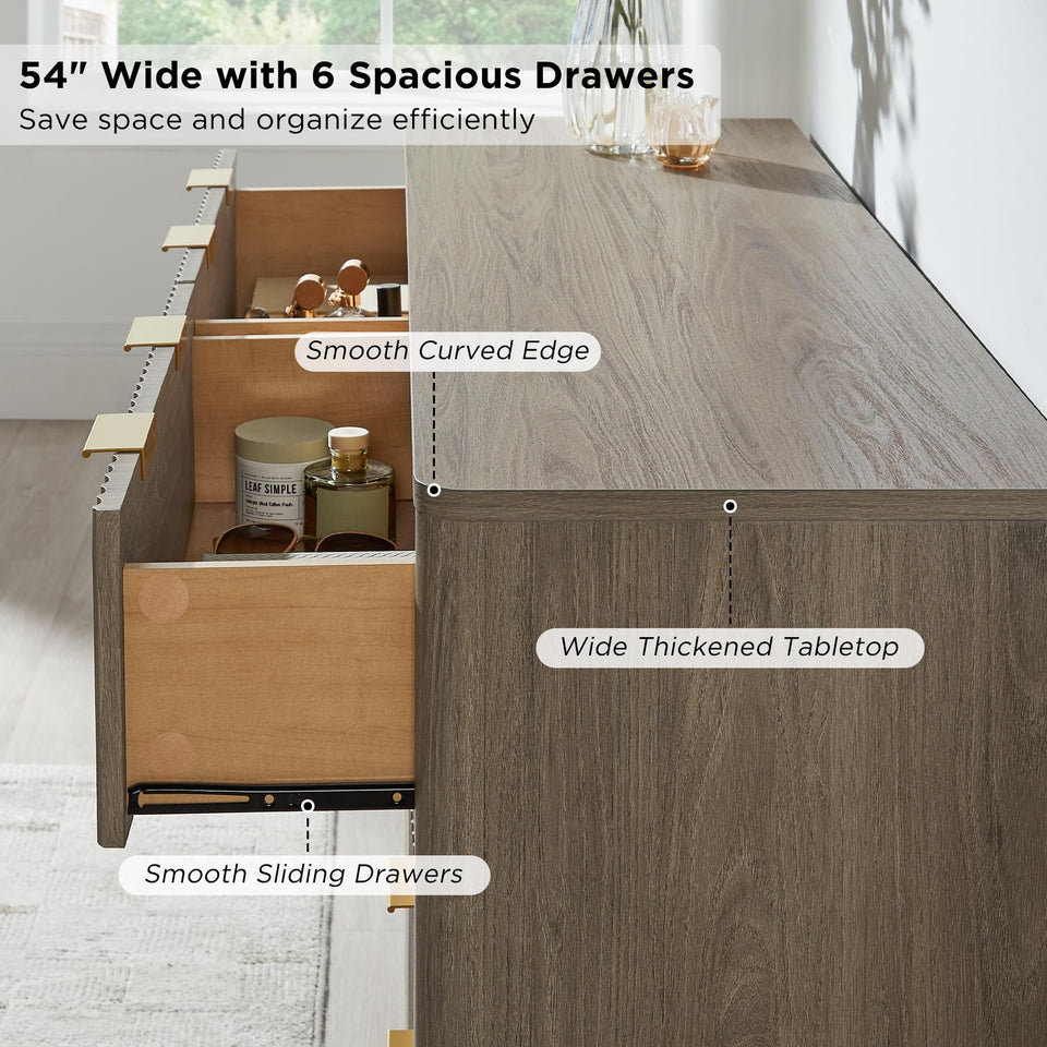 T4TREAM Fluted 7 Drawers Dresser, 54" Wide Modern Chest of Drawers with Faux Marble Top, Curved Profile Design, Dresser TV Stand, Wood Drawer Organizer for Bedroom, Living Room, Hallway, Natural Oak