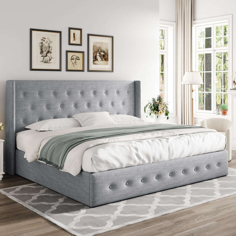Allewie King Size Lift Up Storage Bed, Modern Wingback Headboard, Hydraulic Support, No Box Spring Needed, Light Beige