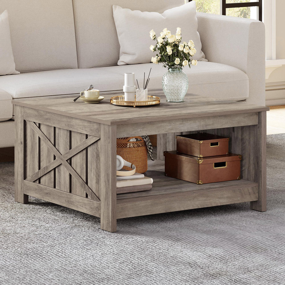 YITAHOME Coffee Table Farmhouse Coffee Table with Storage Rustic Wood Cocktail Table, Square Coffee Tables for Living Meeting Room with Half Open Storage Compartment, Grey Wash