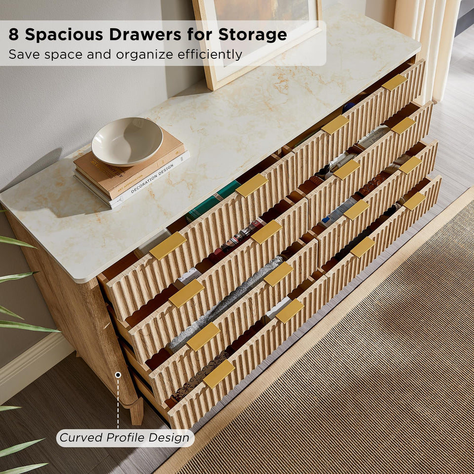 T4TREAM Fluted 7 Drawers Dresser, 54" Wide Modern Chest of Drawers with Faux Marble Top, Curved Profile Design, Dresser TV Stand, Wood Drawer Organizer for Bedroom, Living Room, Hallway, Natural Oak