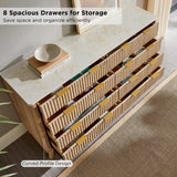 T4TREAM Fluted 7 Drawers Dresser, 54" Wide Modern Chest of Drawers with Faux Marble Top, Curved Profile Design, Dresser TV Stand, Wood Drawer Organizer for Bedroom, Living Room, Hallway, Natural Oak