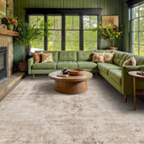 Neutral Living Room Rug - 10x14 Farmhouse Beige Brown Large Area Rug for Dining Room, Bedroom, Low Pile Lightweight Washable