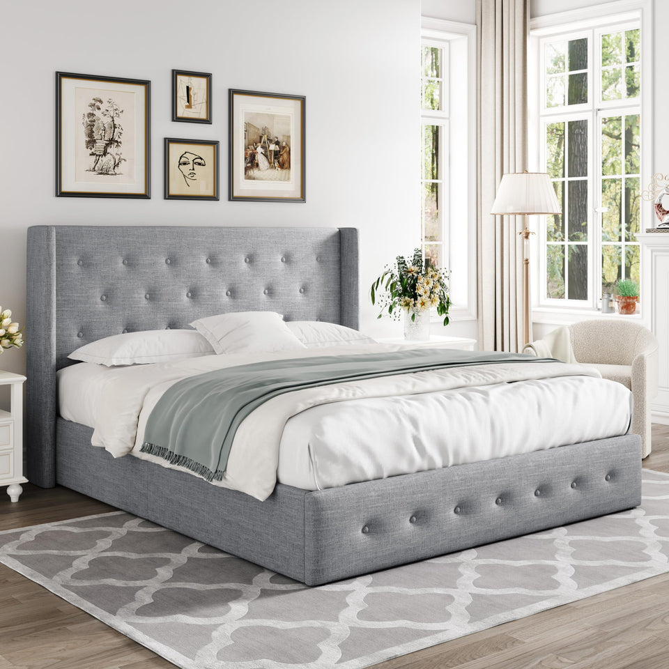 Allewie King Size Lift Up Storage Bed, Modern Wingback Headboard, Hydraulic Support, No Box Spring Needed, Light Beige