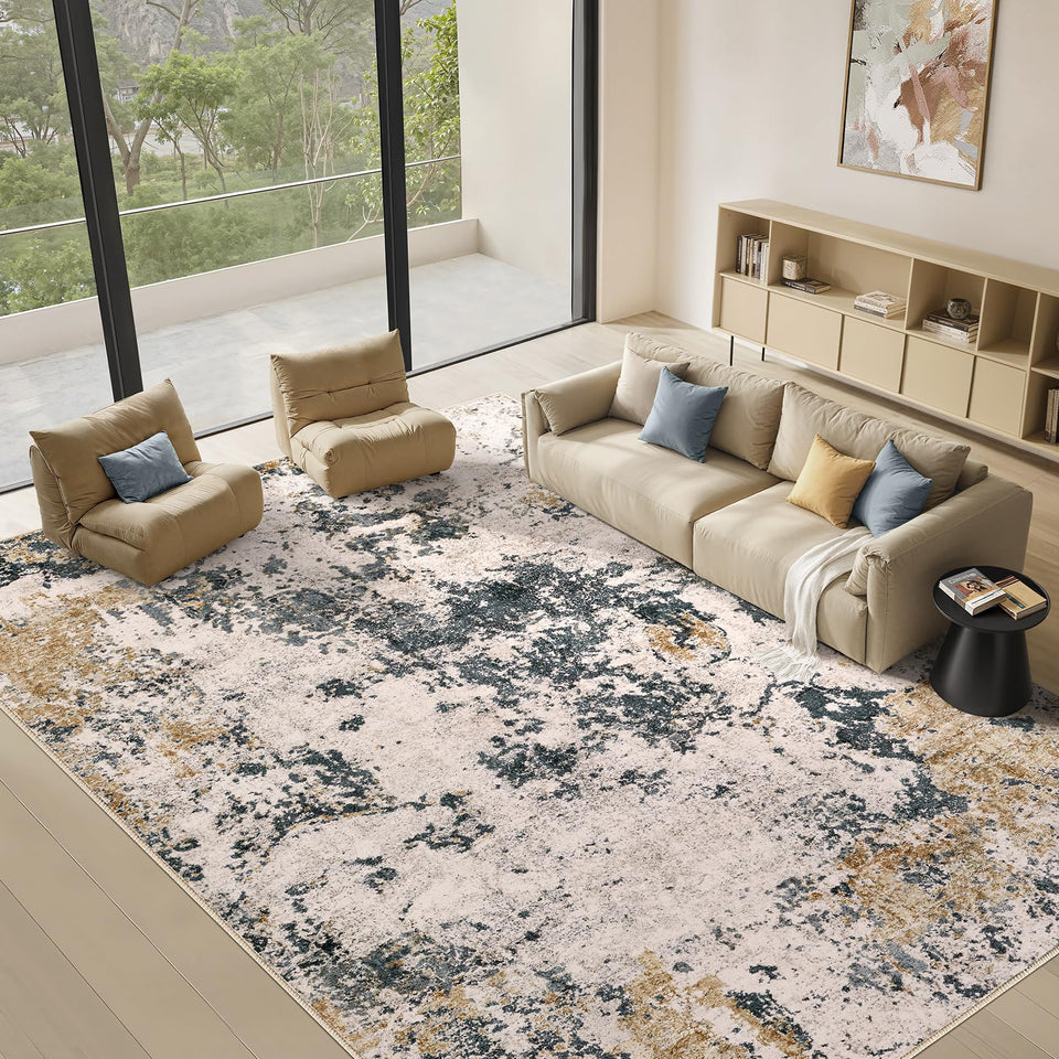 Area Rugs for Living Room: 12x15 Abstract Washable Rug Modern Neutral Large Soft Stain Resistant Non-Slip Backing Machine Table for Bedroom Dining Room Indoor Home Office Carpet - Gold Brown