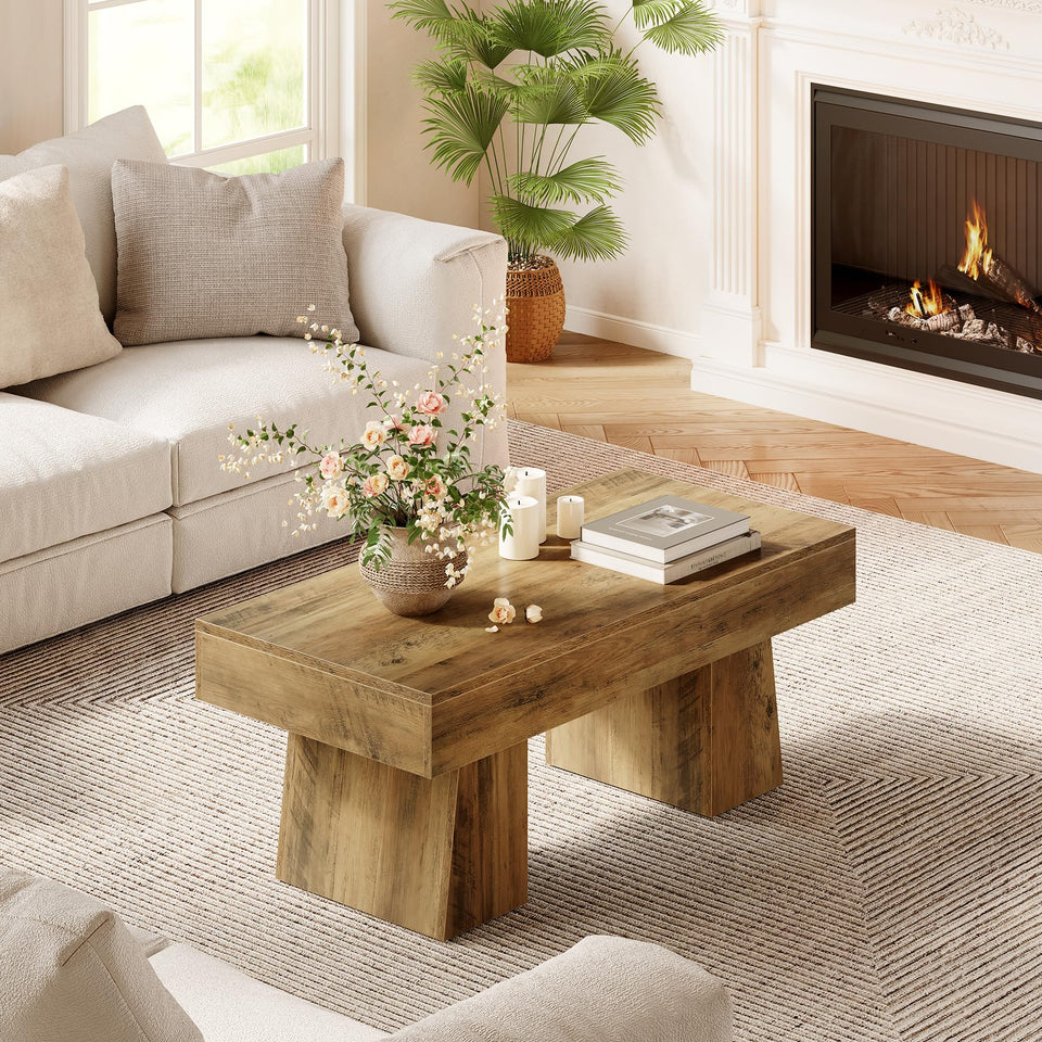 LITTLE TREE Farmhouse Coffee Table, 47 Inches Wooden Rectangular Accent Center Tables with Thick Base, Modern Low Cocktail Tea Furniture for Living Room (Rustic Brown)