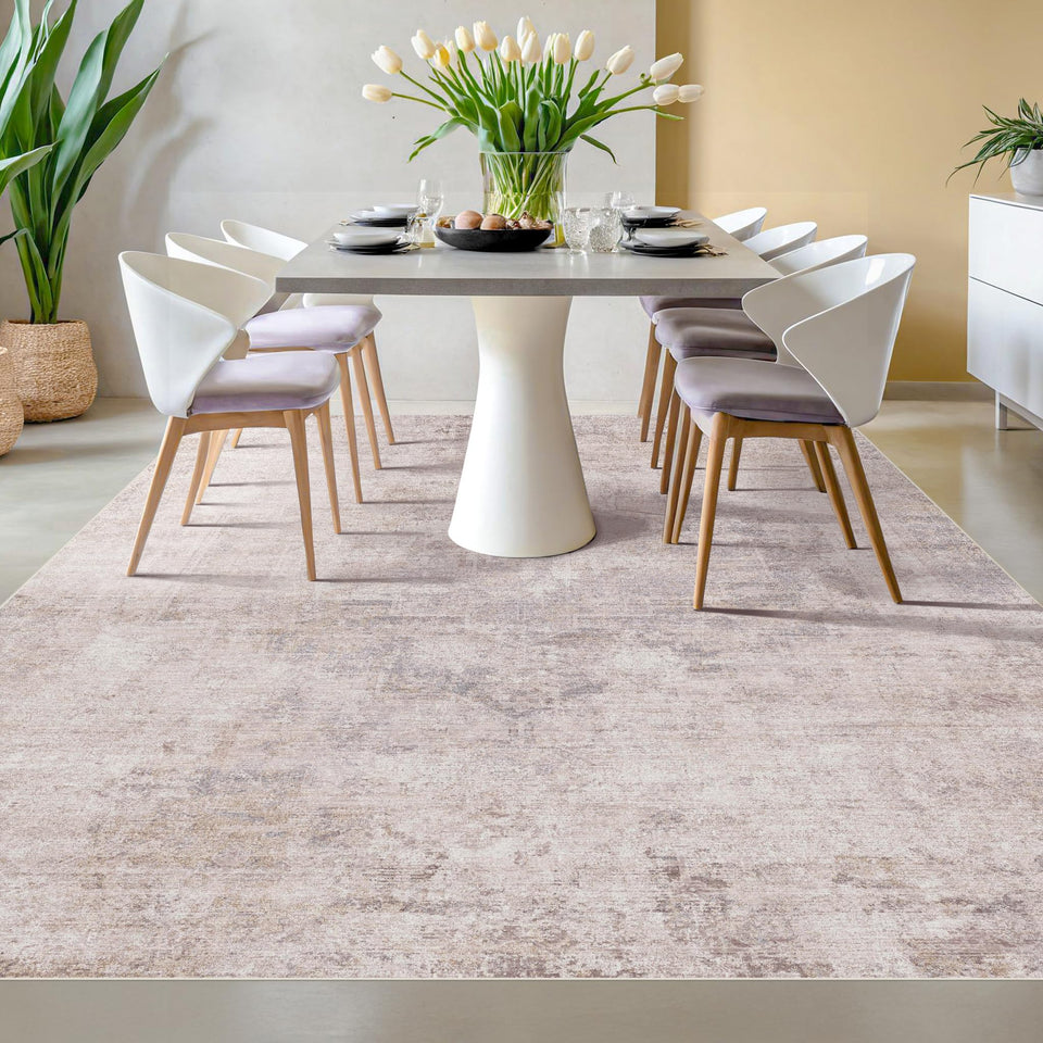 Neutral Living Room Rug - 10x14 Farmhouse Beige Brown Large Area Rug for Dining Room, Bedroom, Low Pile Lightweight Washable