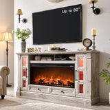 OKD Fireplace TV Stand for up-to-80 TV, Farmhouse 36" Tall Entertainment Center with 42" Electric Fireplace, Media Console with Glass Door Cabinets & Drawers for Living Room, Antique White