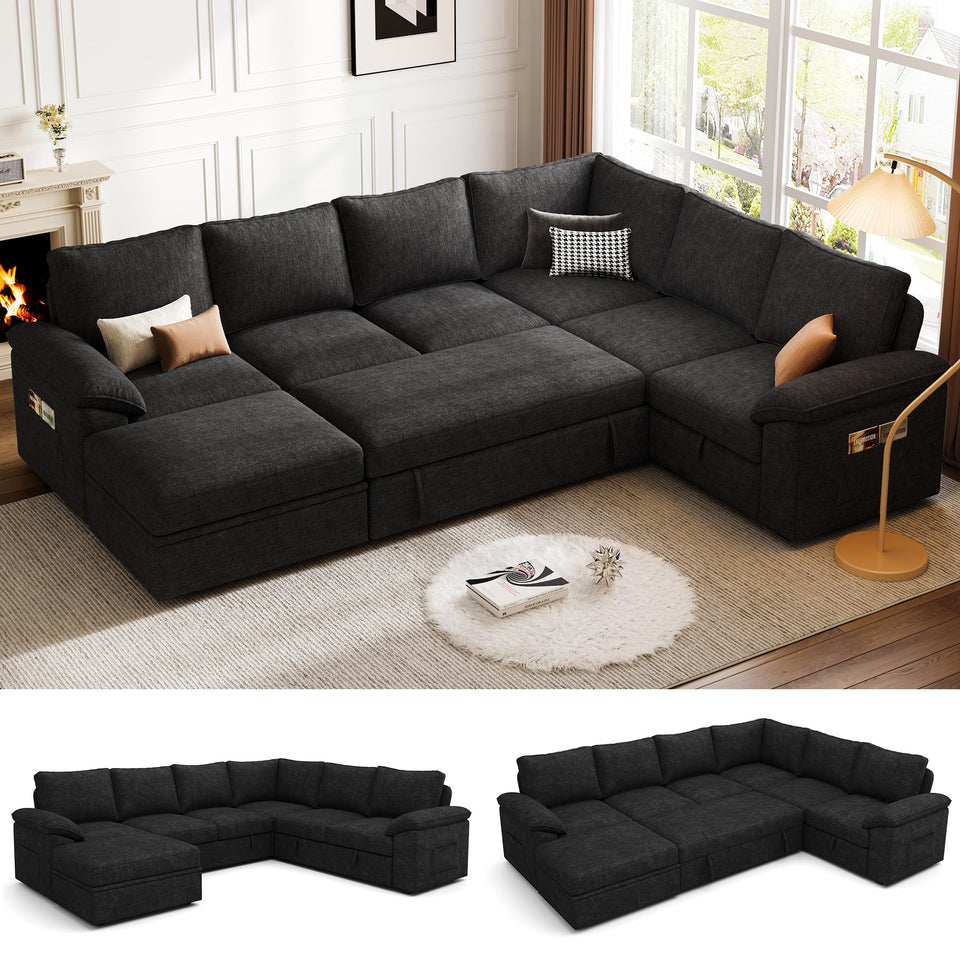 SUAWY 108 Inch Sectional Sleeper Sofa with Pull Out Bed,U Shaped 7 Seat Modular Sectional Sofa with Storage,Sectional Couches for Living Room,Cloud Modular Couch,Removable Sofa Cover,Dark Grey