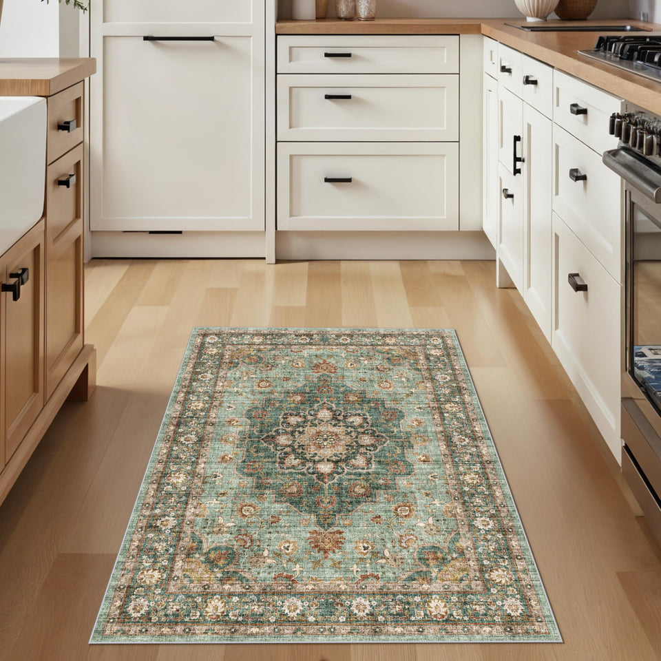 TOPRUUG Washable Oriental Area Rug - 12x15 Rugs for Living Room Soft Carpet for Bedroom Waterproof Floral Distressed Indoor Stain Resistant Non-Shedding Floor Carpets (Green, 12x15)